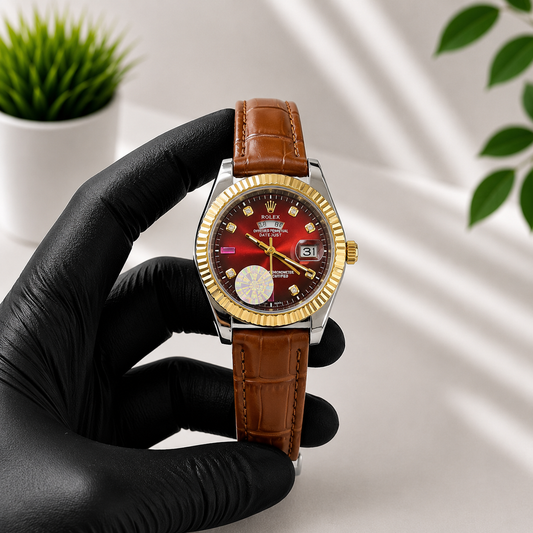 Premium Date Display Leather Strap Watch – Brown Sunburst Dial | AK Watches