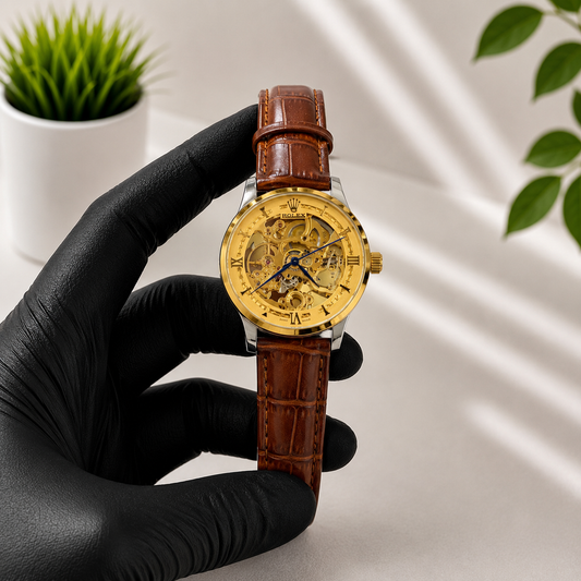 Luxury Gold Skeleton Dial Brown Leather Watch Front View