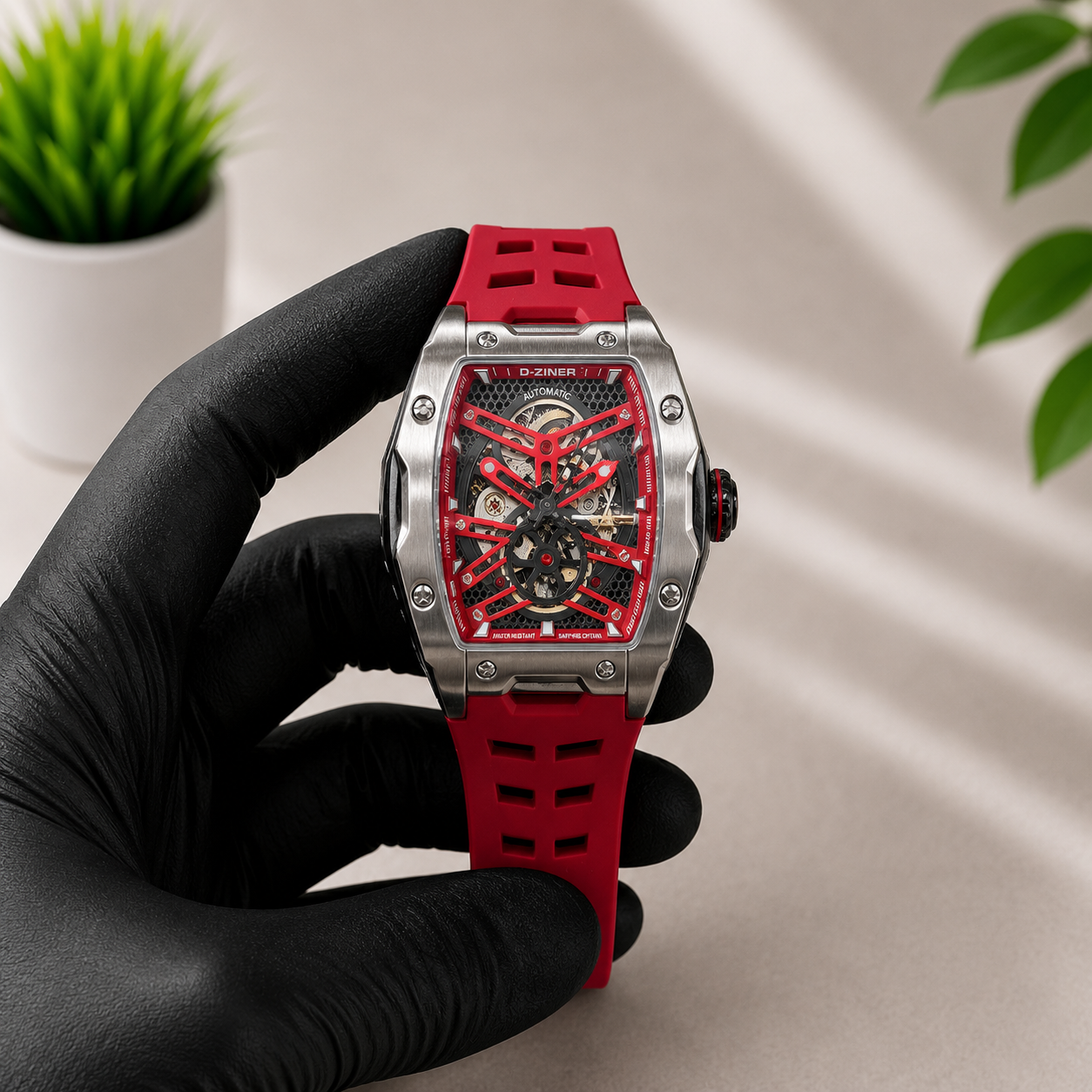 D-ZINER Racer Red Automatic Skeleton Watch Sporty Personality Bold Red Watch for Men Pakistan Free Delivery
