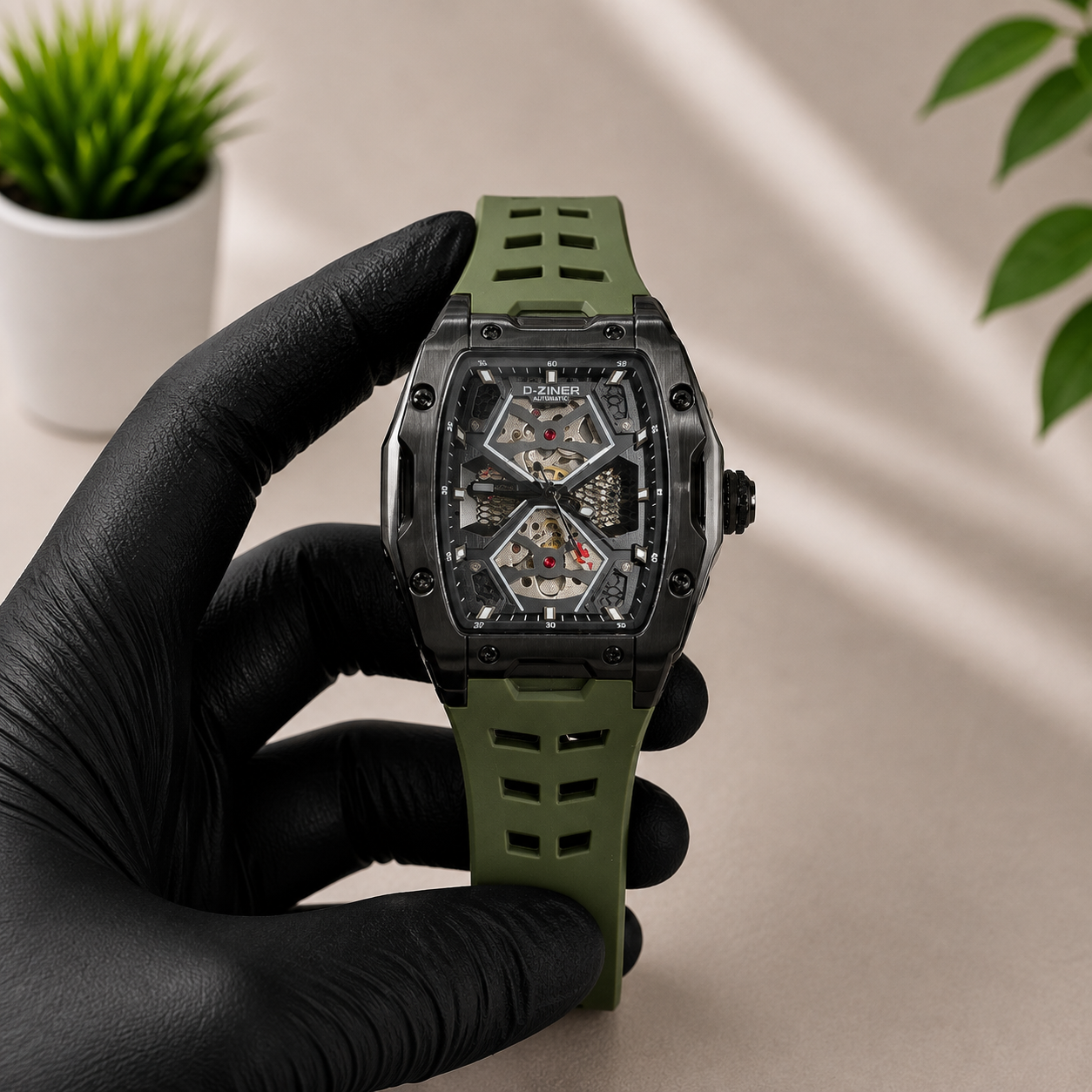 D-ZINER Commando Army Green Strap Automatic Skeleton Watch Adventurer Personality Rugged Watch Pakistan