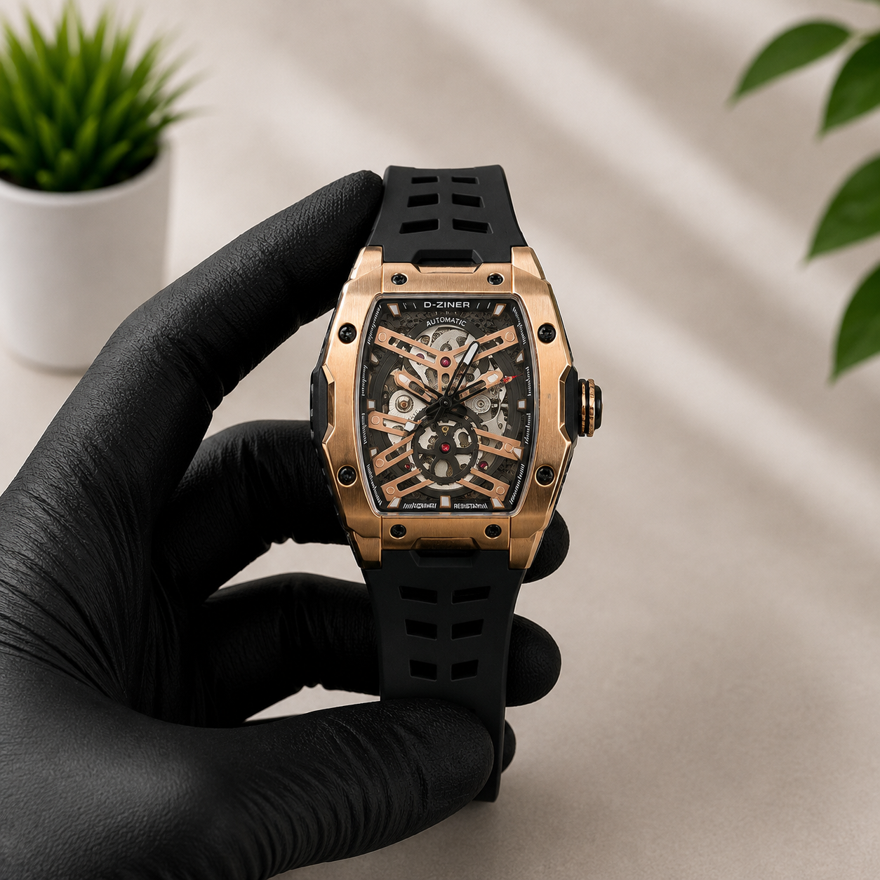 D-ZINER Royal Gold Black Automatic Skeleton Watch Luxury Edition for Men Pakistan AK Watches Azadi Sale