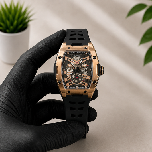 D-ZINER Royal Gold Black Automatic Skeleton Watch Luxury Edition for Men Pakistan AK Watches Azadi Sale