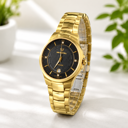 Premium gold sapphire men's watch with elegant black dial.
