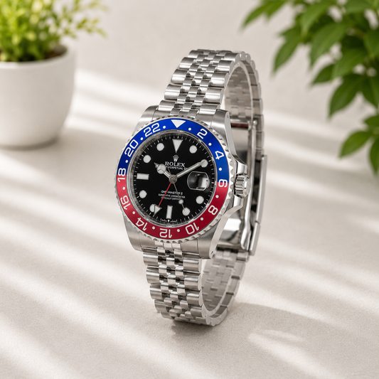 Luxury GMT stainless steel watch with blue and red bezel, black dial, and jubilee bracelet.