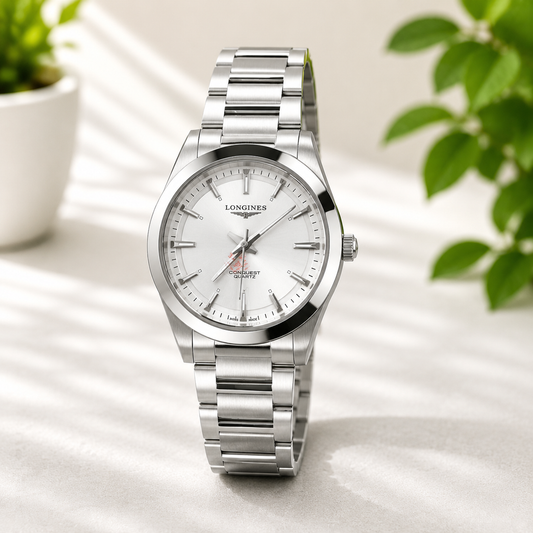 Luxury silver automatic watch with white dial and stainless steel bracelet.