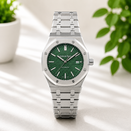 Luxury stainless steel watch with a green textured dial.