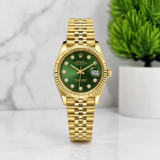 Luxury gold automatic watch with green dial and stainless steel bracelet by AK Watches.