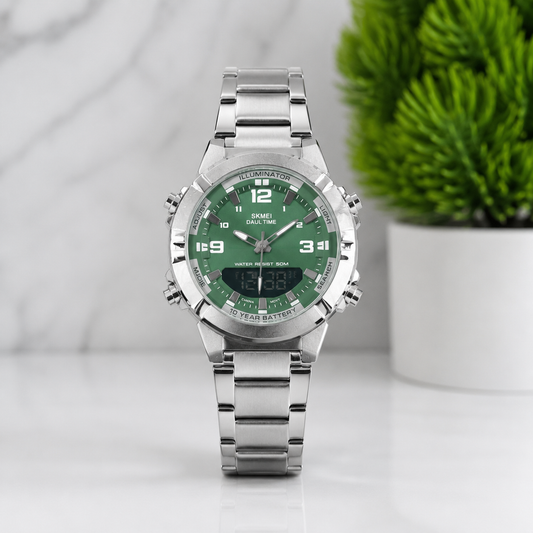 Premium analog digital stainless steel watch with green dual time display