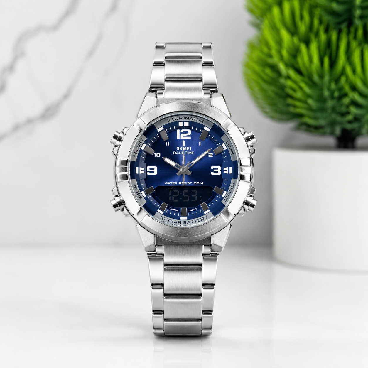 SKMEI Dual Time Analog Digital Watch | Stainless Steel | 50M Water Resistant