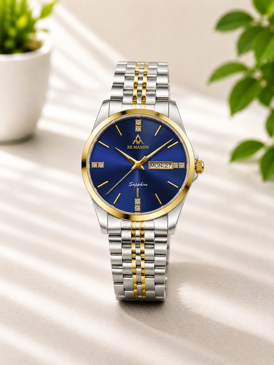 Premium two-tone stainless steel watch with blue sapphire-style dial.
