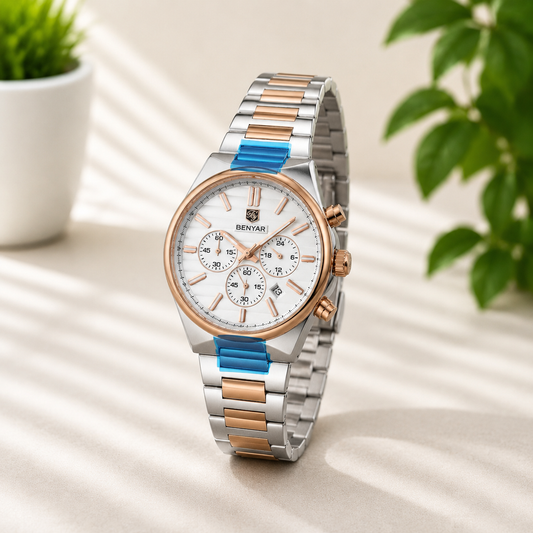 Luxury two-tone stainless steel chronograph watch with white dial.