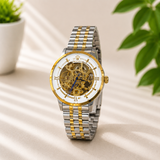 Luxury automatic skeleton two-tone stainless steel watch with white dial and Roman numerals.