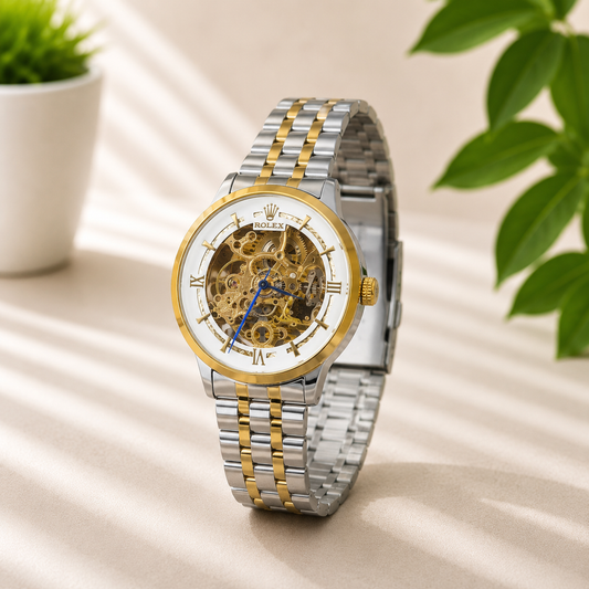 Luxury Automatic Skeleton Two-Tone Stainless Steel Watch | White Dial | AK Watches
