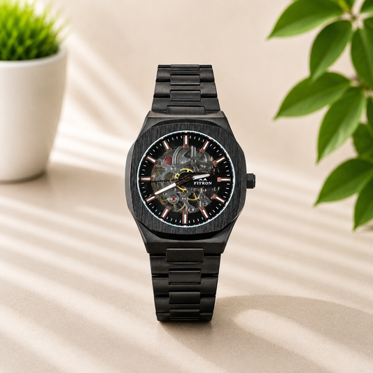 Luxury automatic skeleton black stainless steel watch with open-heart black dial for men.