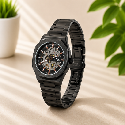 Luxury Automatic Skeleton Black Stainless Steel Watch | Black Dial | AK Watches