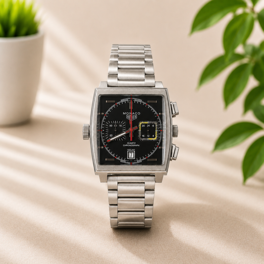 Luxury square chronograph stainless steel watch with black dial and silver bracelet for men.