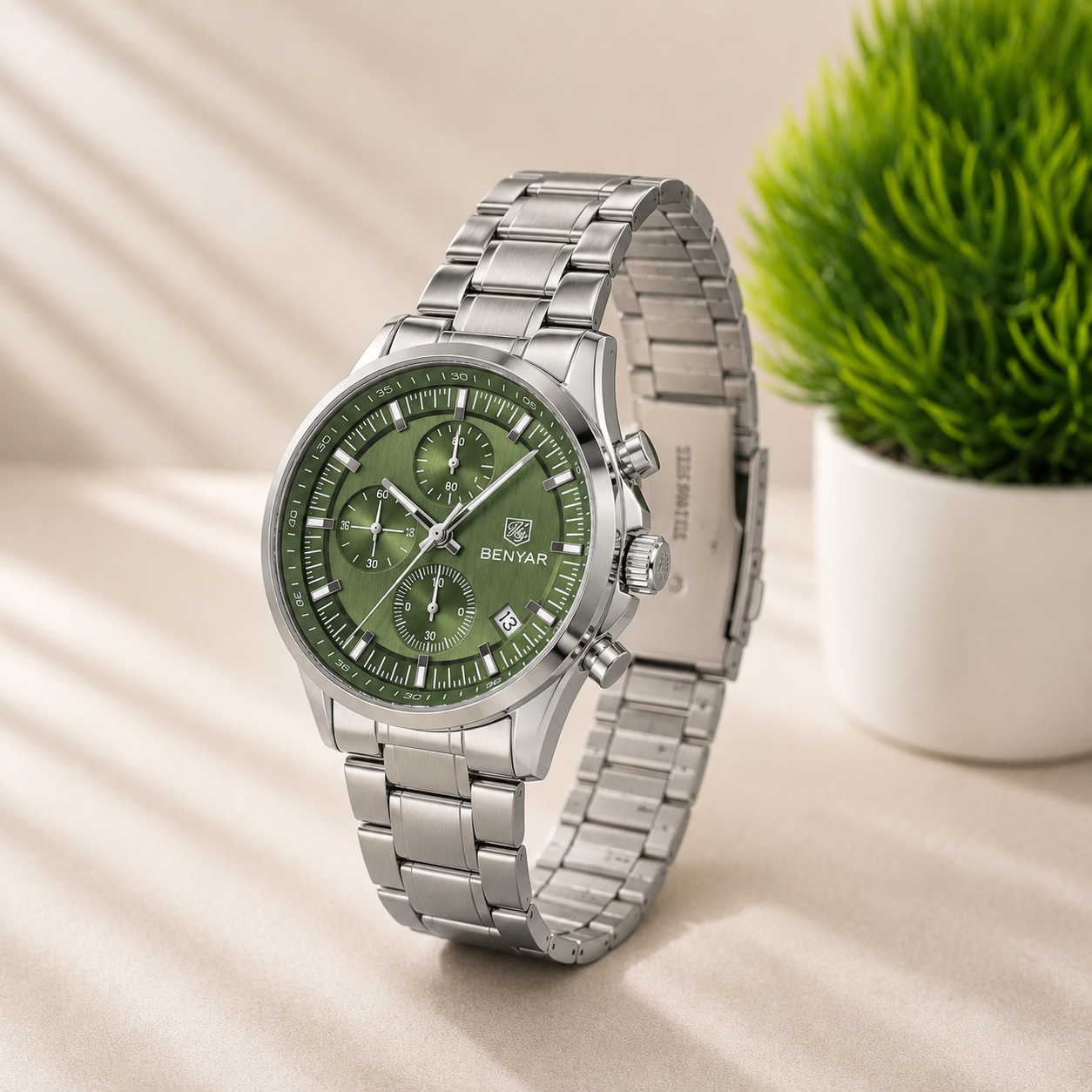 Premium green dial chronograph stainless steel men's watch with luxury design.