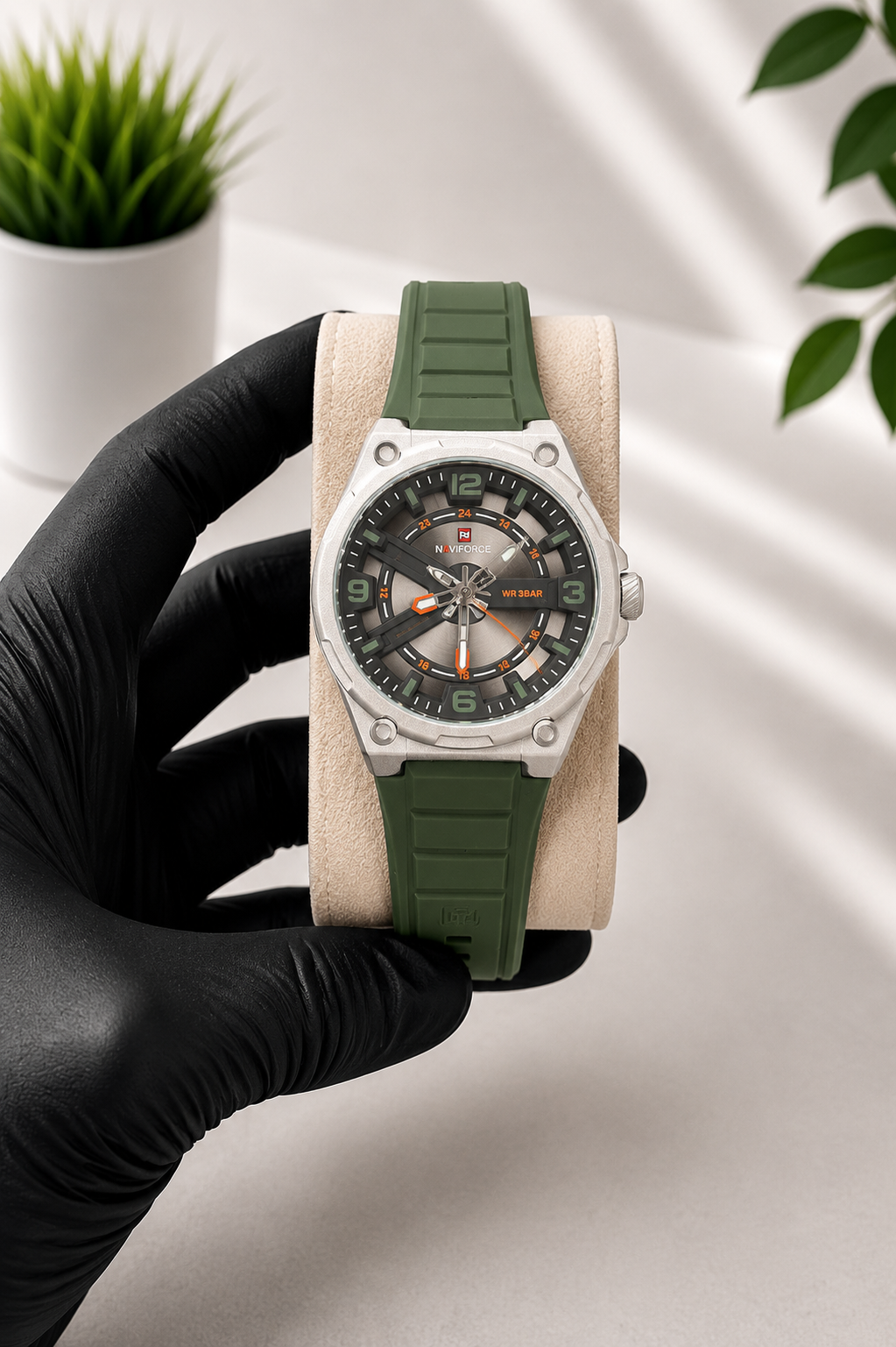 NAVIFORCE premium sport analog watch with silicone strap available in green, black and white dial variants