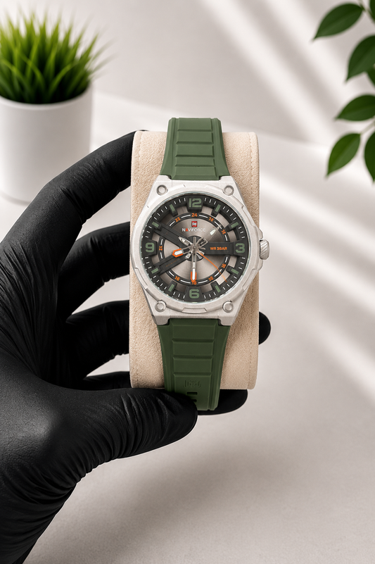 NAVIFORCE premium sport analog watch with silicone strap available in green, black and white dial variants