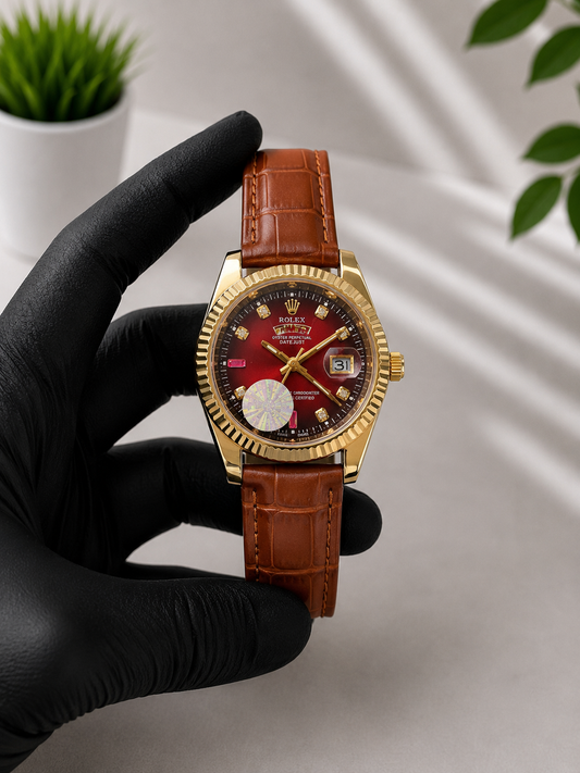 Premium Date Display Leather Strap Watch – Brown Sunburst Dial | AK Watches