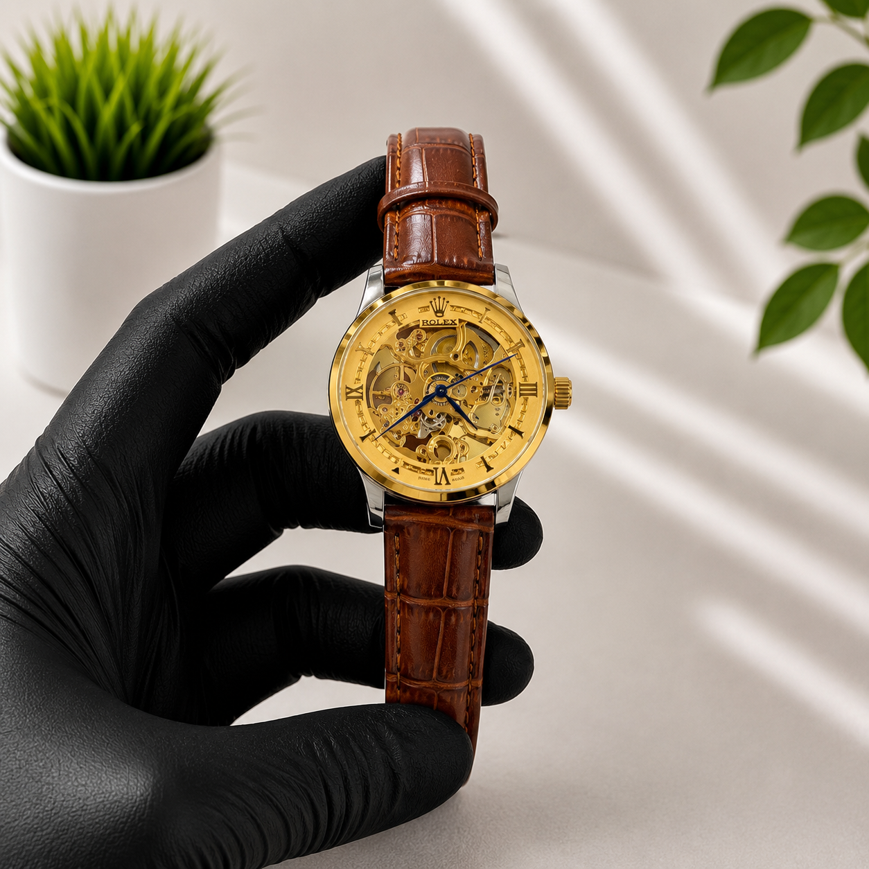 Luxury Gold Skeleton Dial Brown Leather Watch Front View