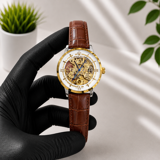 Luxury White Skeleton Dial Brown Leather Watch Front View
