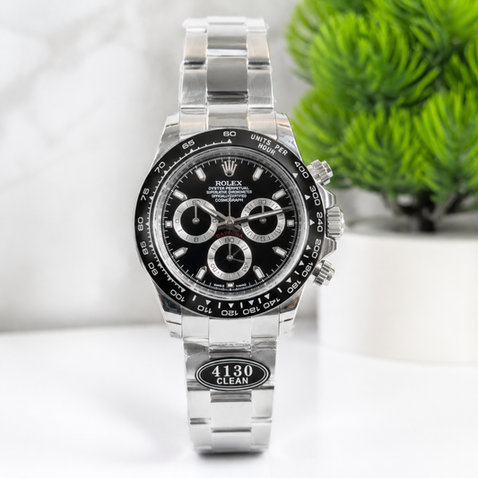 Premium black chronograph stainless steel men's watch with luxury design.