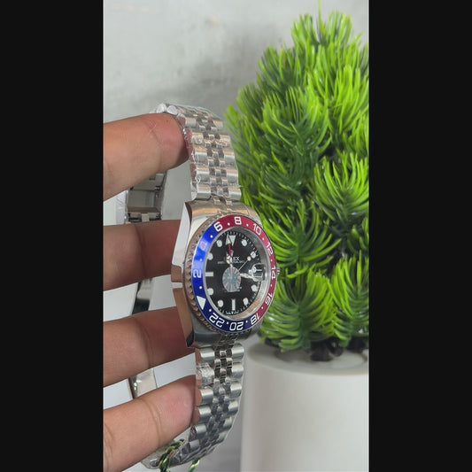 Luxury GMT Blue & Red Bezel Stainless Steel Watch | Premium Black Dial | AK Watches